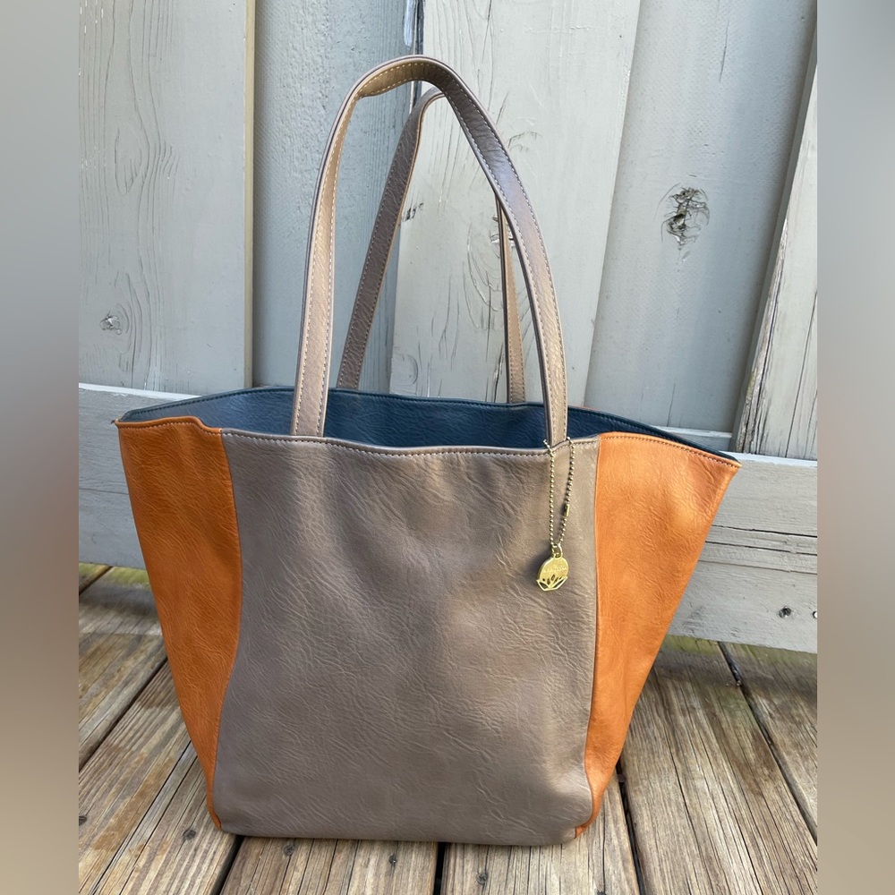 Big Buddha Two Tone Butterscotch & Gray Large Faux Leather Tote Bag 20”